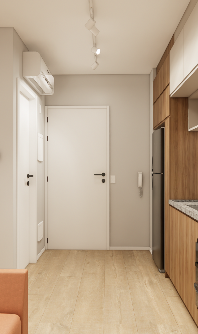 Render 3D de estúdio compacto no Butantã com cozinha linear em madeira, bancada em granito, parede de tijolinho e sofá laranja
