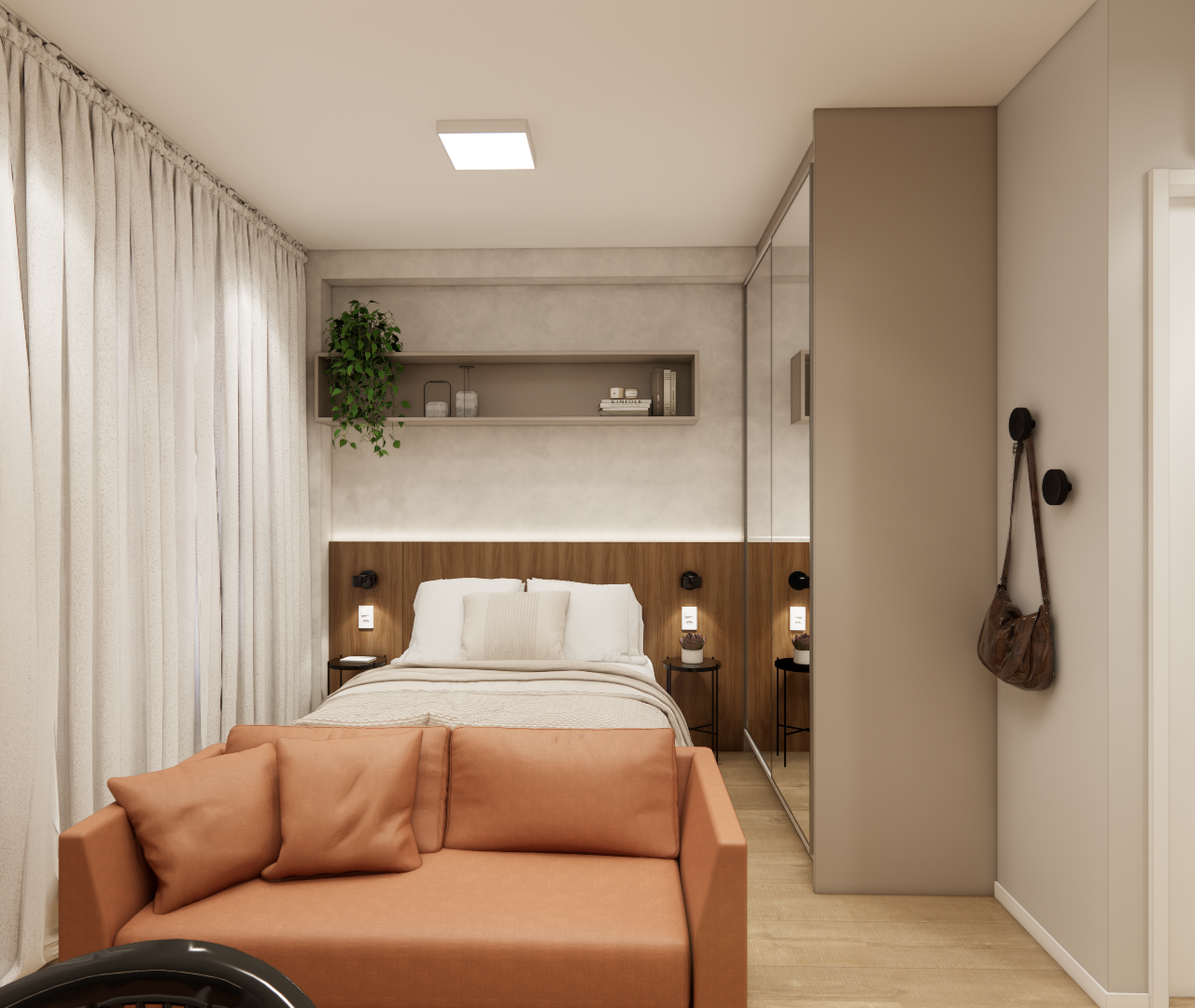 Render 3D de quarto no VITAL HOME com sofá terracota, cama, marcenaria em madeira e espelho, tons neutros e iluminação suave