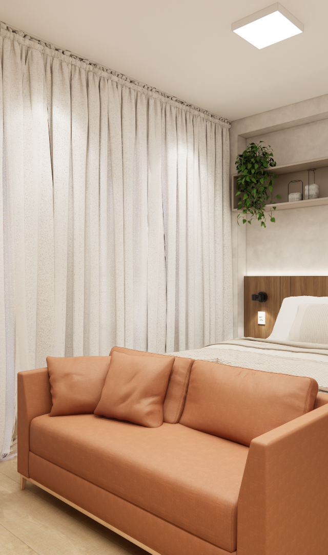 Render 3D de dormitório com sofá terracota, cama, cabeceira amadeirada, cortina clara e prateleira decorativa no Butantã