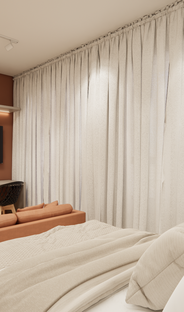 Render 3D de estúdio no projeto EJ - VITAL HOME com sofá terracota, bancada de trabalho, cama e cortina branca iluminada