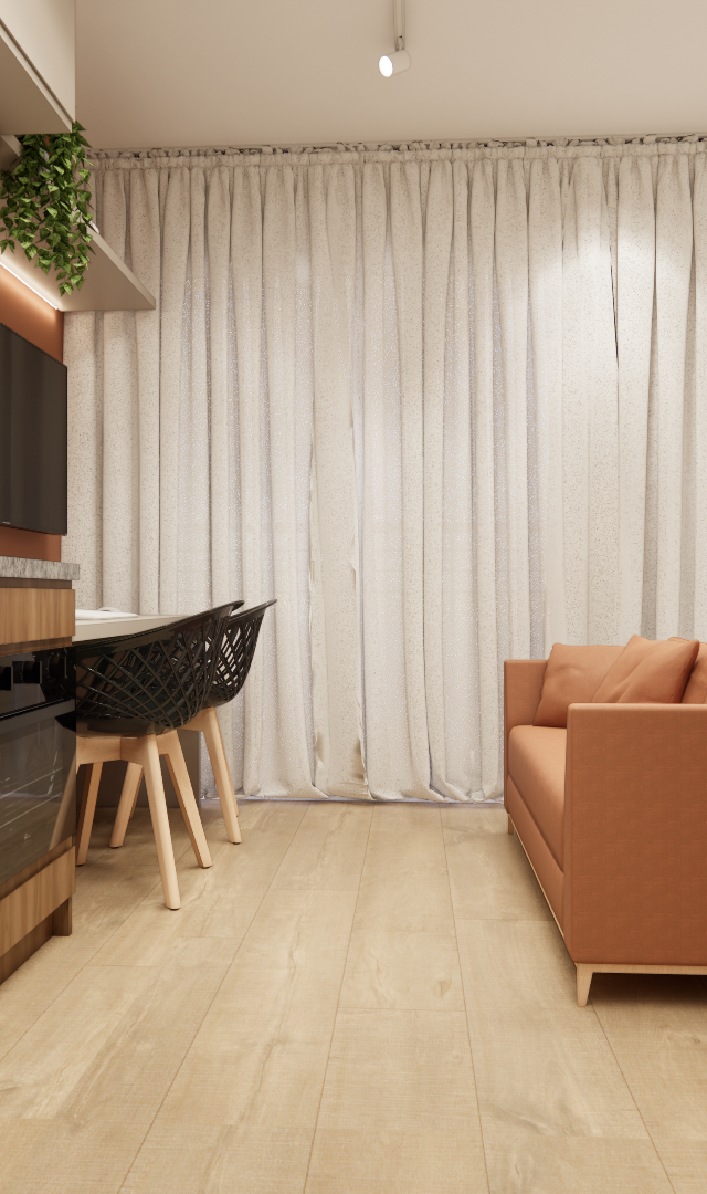 Render 3D de estúdio no projeto EJ - VITAL HOME com marcenaria em madeira, sofá terracota, piso amadeirado e cortinas claras