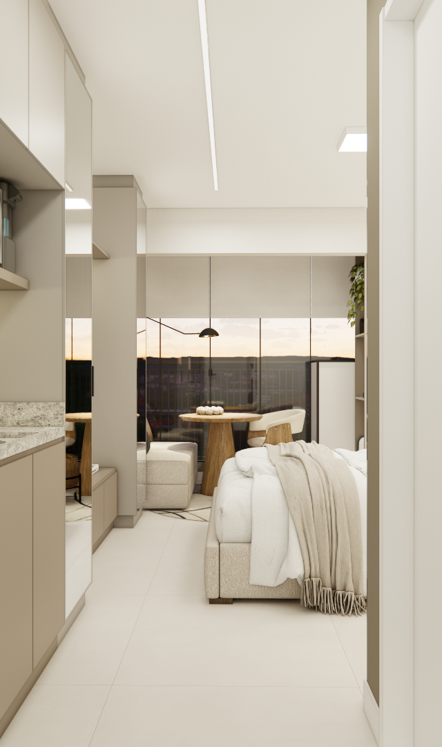 Render 3D do projeto EP - LE JARDIM com cozinha linear bege, bancada em granito e quarto integrado em tons neutros