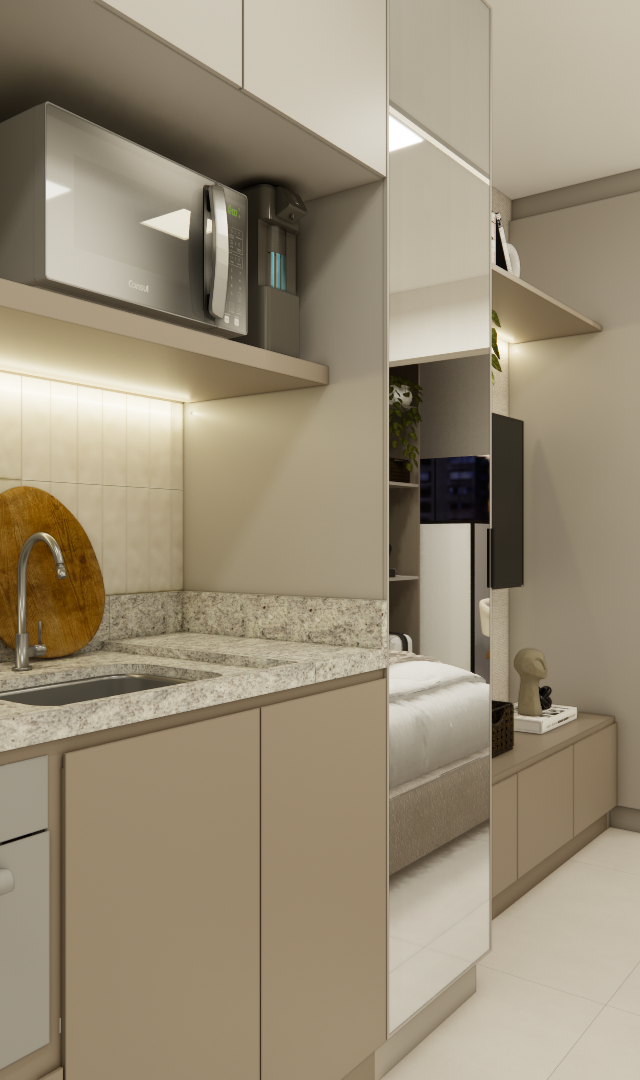 Render 3D do projeto EP - LE JARDIM com cozinha linear, marcenaria bege, bancada em granito, iluminação indireta e quarto