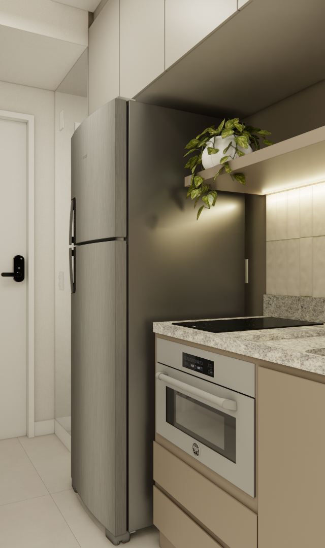 Render 3D de cozinha compacta EP LE JARDIM com marcenaria bege, bancada em granito, eletrodomésticos e iluminação em LED