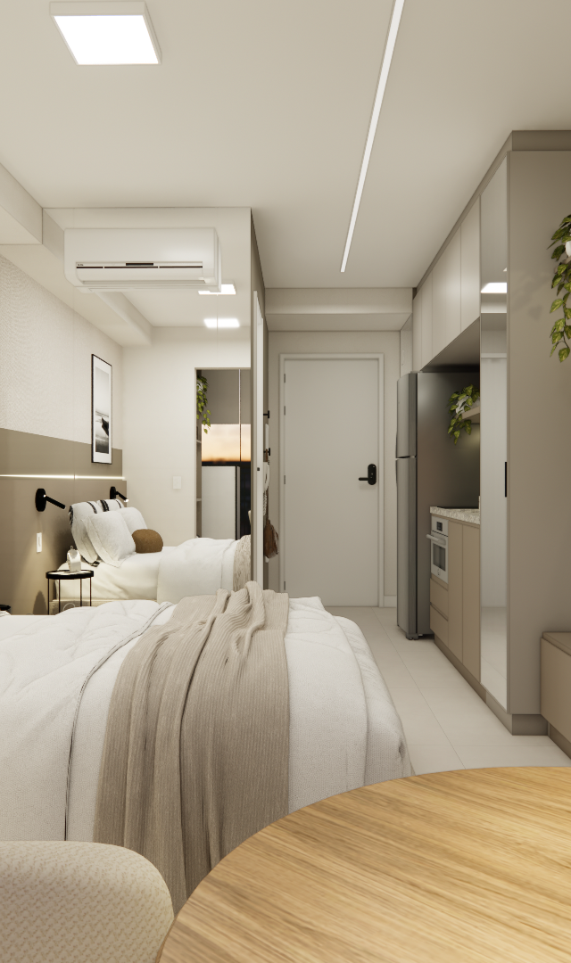 Render 3D de estúdio no projeto EP - LE JARDIM com tons neutros, cama de casal, marcenaria planejada e iluminação indireta