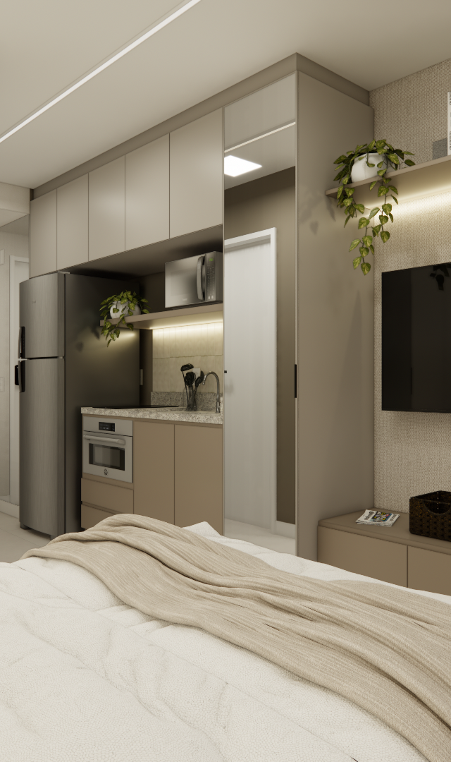Render 3D de estúdio projeto EP - LE JARDIM com cama, marcenaria em tons neutros, cozinha integrada e iluminação quente