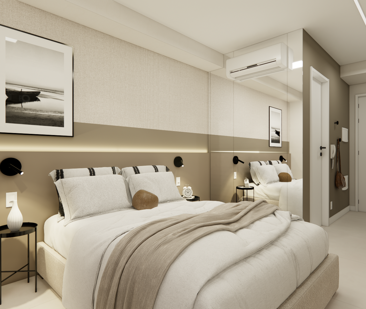 Render 3D de quarto no EP - LE JARDIM com tons neutros, cama de casal, painel em marcenaria, espelho e luz indireta quente