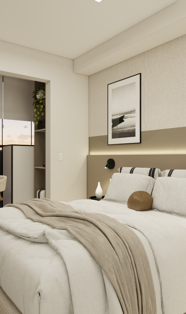 Render 3D de quarto no projeto EP - LE JARDIM com tons neutros, cama de casal, mesa de apoio e iluminação indireta quente