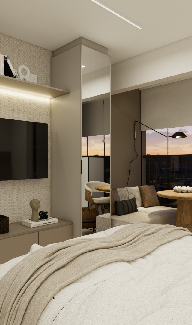 Render 3D de quarto projeto EP - LE JARDIM com tons neutros, marcenaria bege, cama, espelho, TV e área de estar na janela