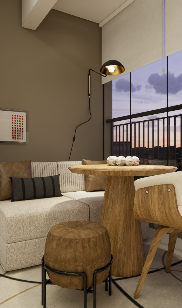 Render 3D EP - LE JARDIM com canto alemão, mesa de madeira, tons neutros, espelho e iluminação acolhedora em quarto moderno