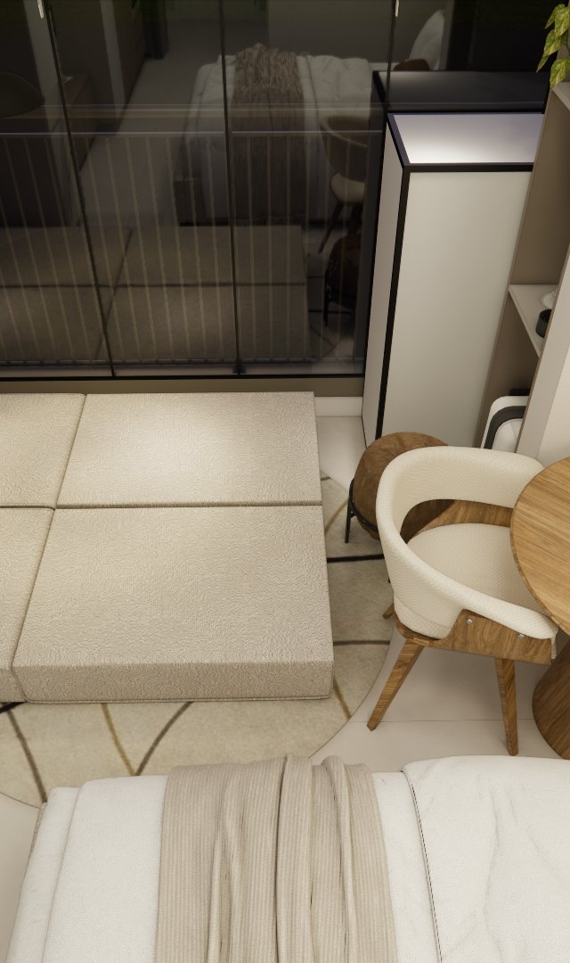 Render 3D do EP LE JARDIM com quarto compacto em tons neutros, mesa de madeira, poltrona curva e cama baixa com futon