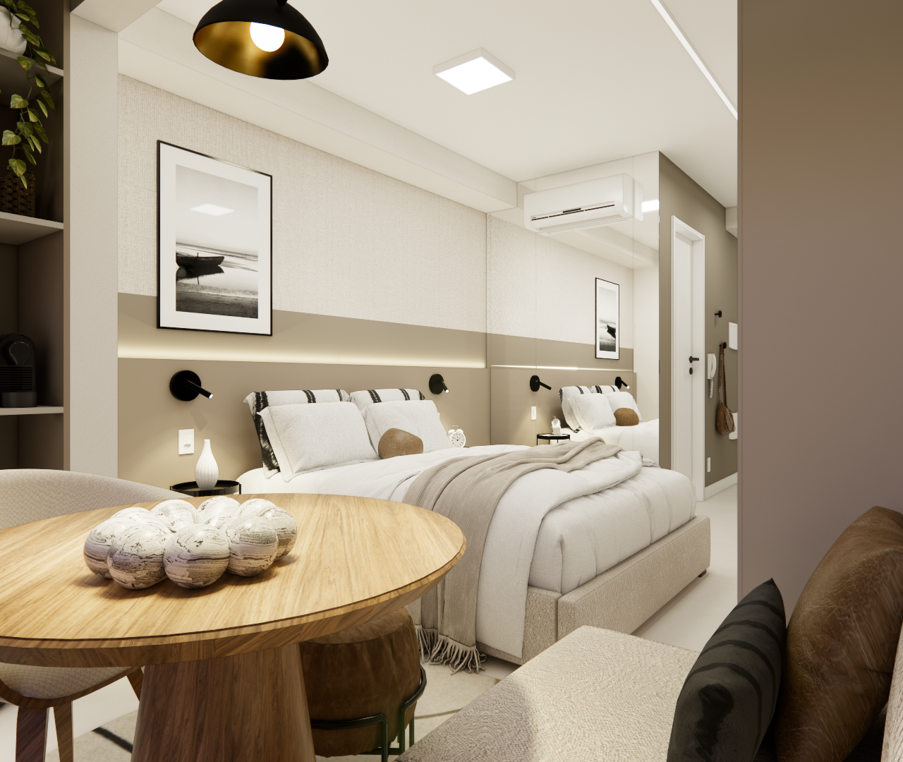 Render 3D de quarto EP - LE JARDIM com cama, mesa redonda de madeira, iluminação indireta, tons neutros e espelho lateral