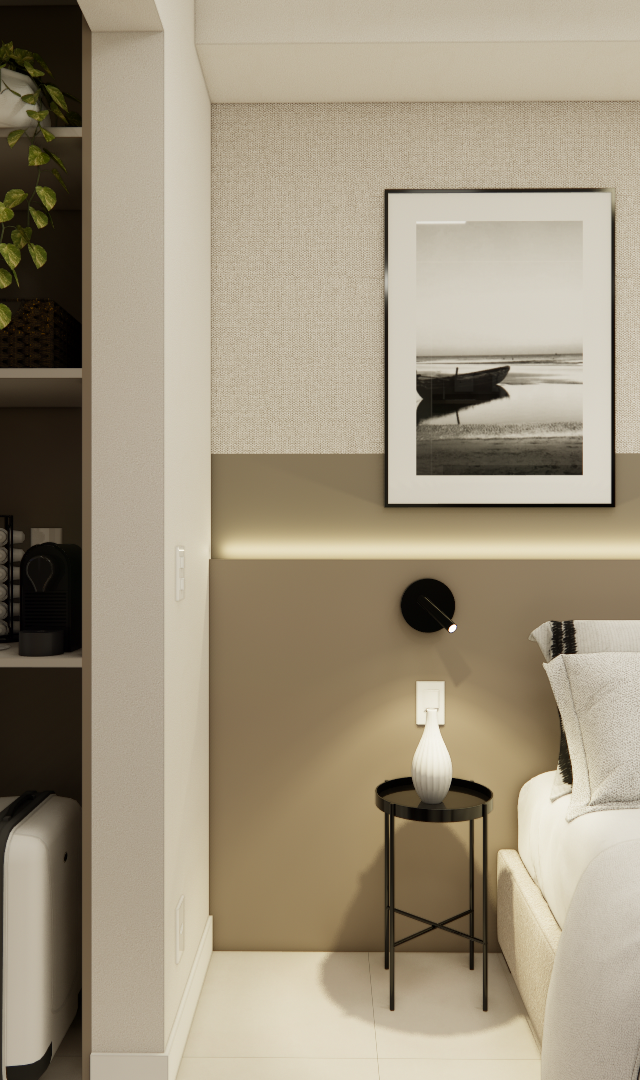 Render 3D de quarto no EP - LE JARDIM com tons neutros, cabeceira iluminada, estante lateral e mesa redonda de apoio