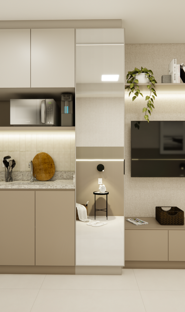 Render 3D do projeto EP - LE JARDIM com cozinha e rack integrados em tons neutros, iluminação indireta e marcenaria bege