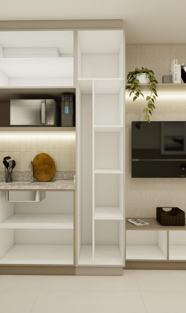 Render 3D do projeto EP - LE JARDIM com marcenaria integrada em tons neutros, cozinha compacta, painel de TV e closet aberto