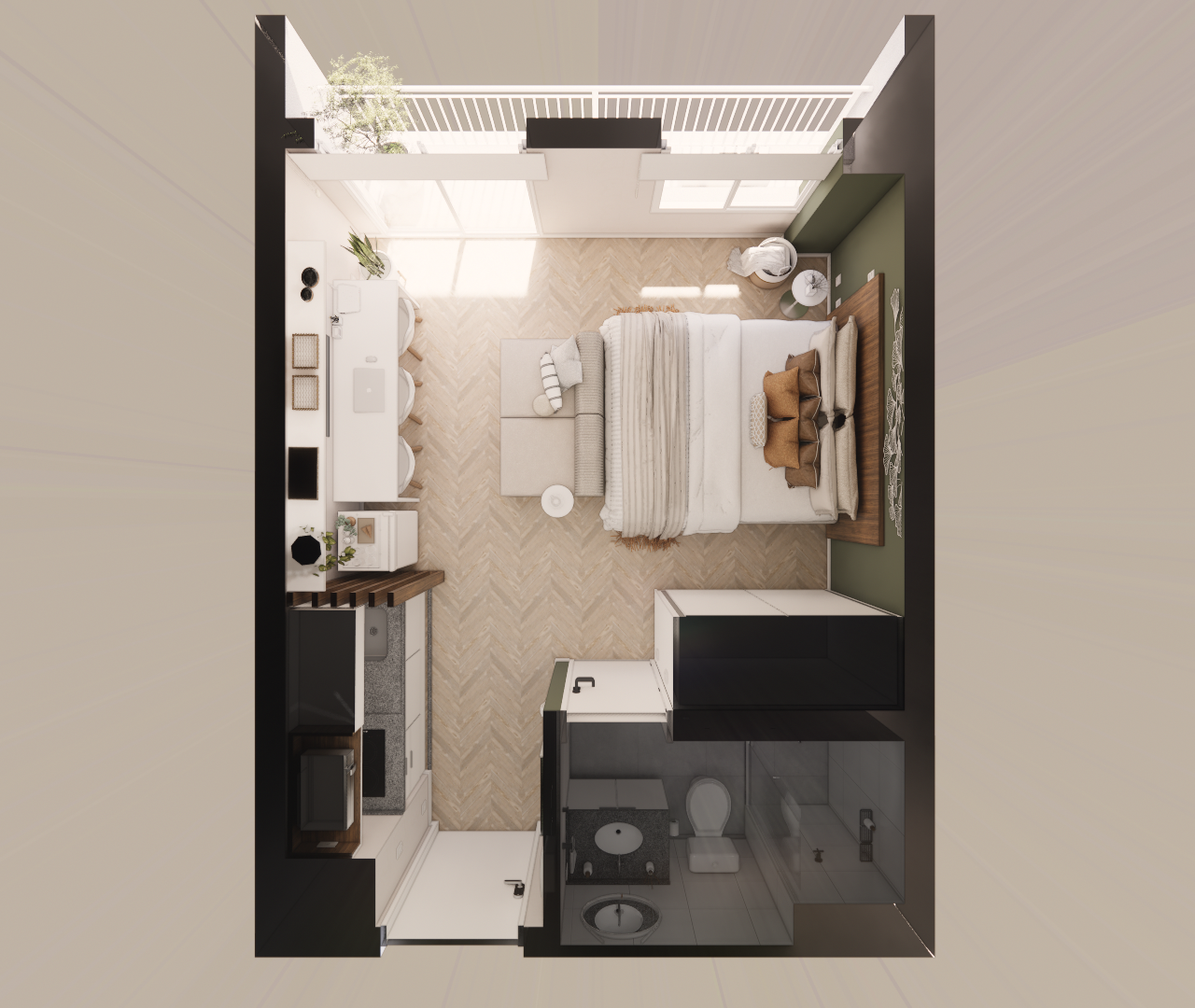 Planta 3D de apartamento com cama, sofá, mesa de refeições e cozinha linear, mostrando os acessos e a distribuição dos móveis.