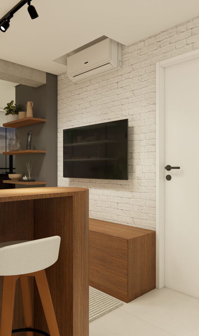 Render 3D de sala e cozinha integradas, balcão de madeira, parede de tijolinho branco, móveis amadeirados e luz indireta