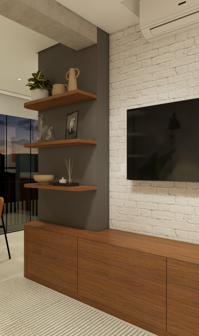 Render 3D de sala e jantar integradas com parede de tijolo branco, marcenaria em madeira e nichos cinza, iluminação quente