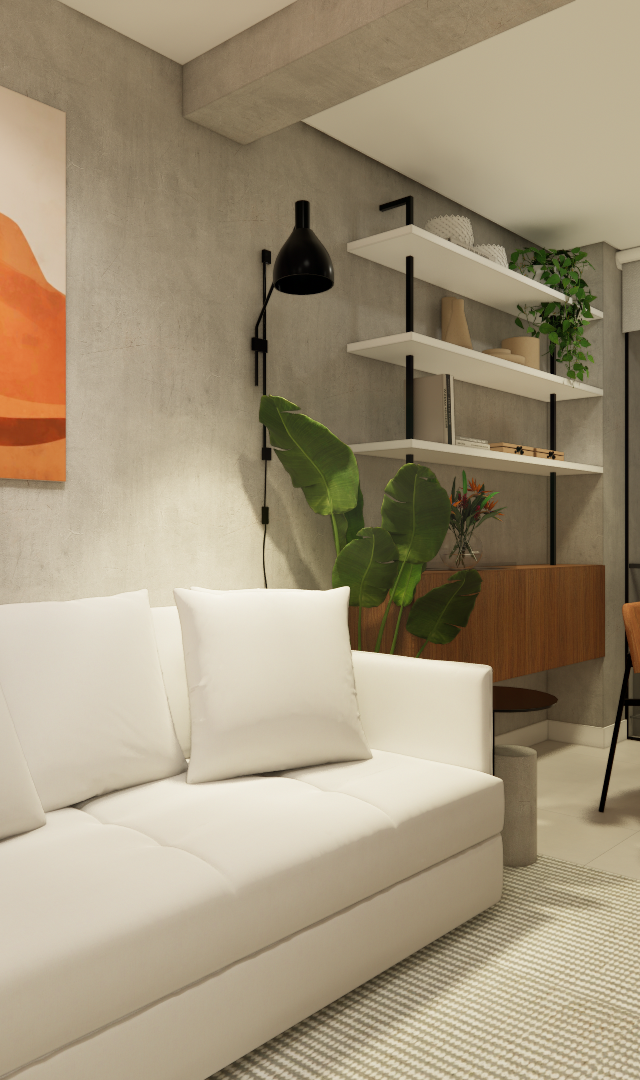 Render 3D de sala integrada com sofá branco, mesa redonda, prateleiras de madeira e parede em cimento queimado na Bela Vista