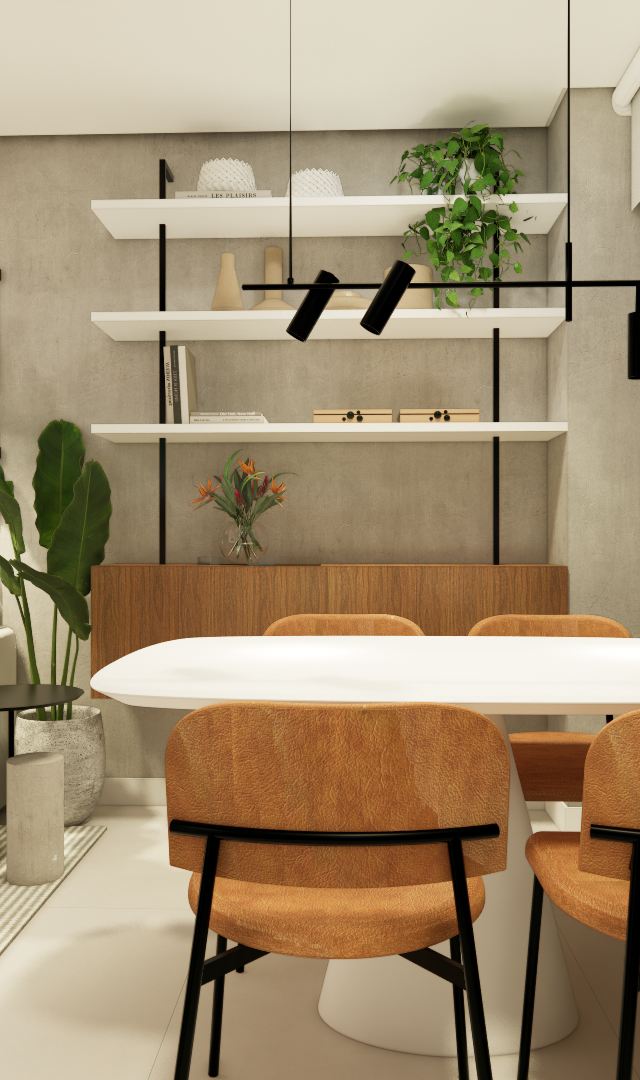 Render 3D de sala de jantar integrada com parede de cimento queimado, estante branca, mesa oval e cadeiras em tom terra