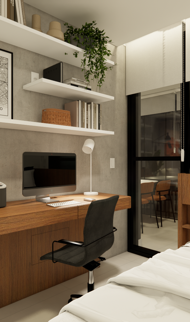 Render de quarto com home office, marcenaria em madeira e parede de cimento queimado, prateleiras brancas e iluminação suave