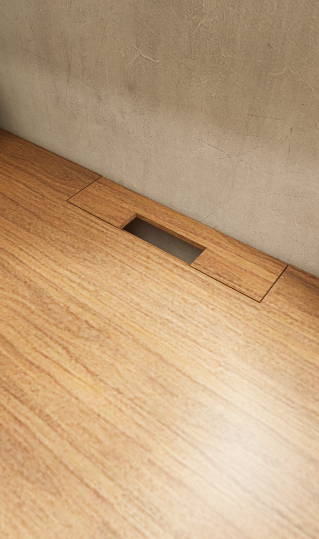 Render 3D de mesa em madeira com impressora, luminária branca e parede de fundo com textura de cimento queimado cinza