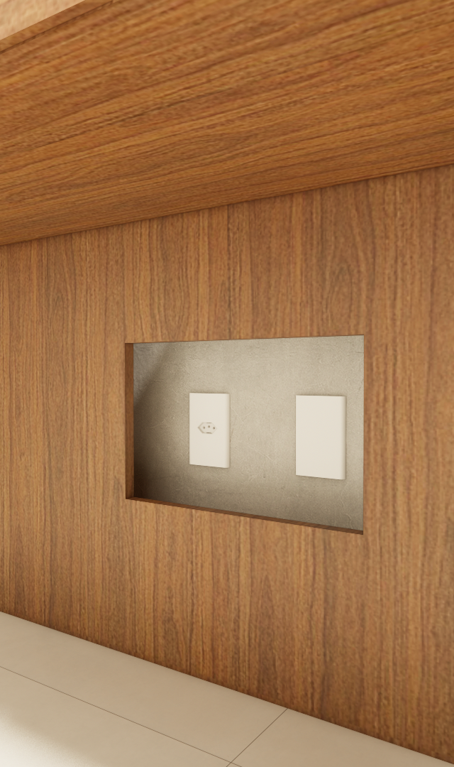 Detalhe de marcenaria em render 3D com revestimento amadeirado, nicho embutido e tomadas, em apartamento na Bela Vista