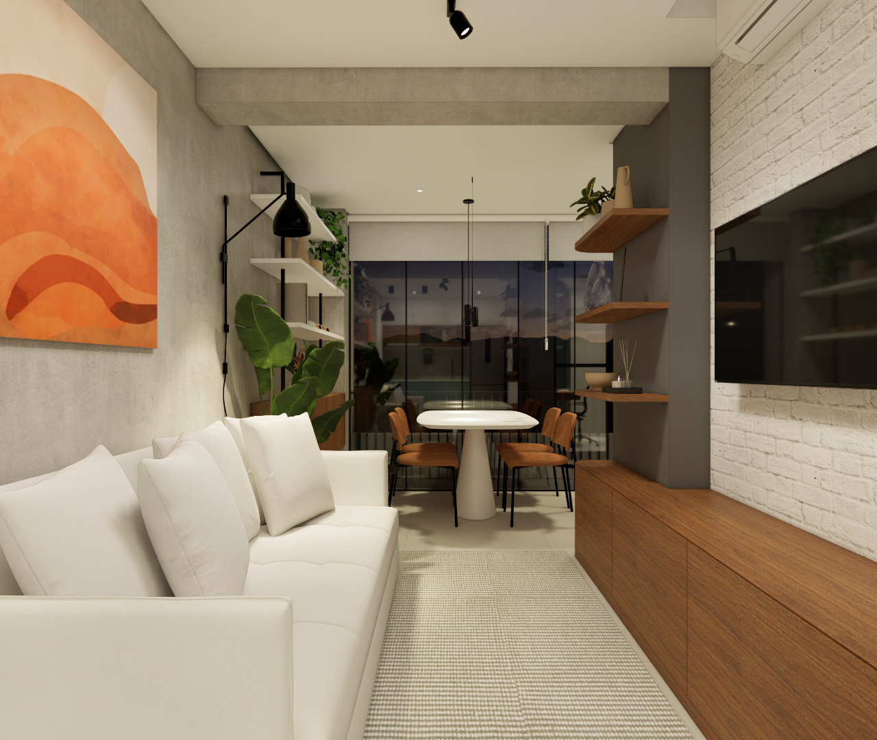 Render 3D de sala e jantar integradas com sofá branco, marcenaria em madeira, parede de tijolinho branco e cimento queimado