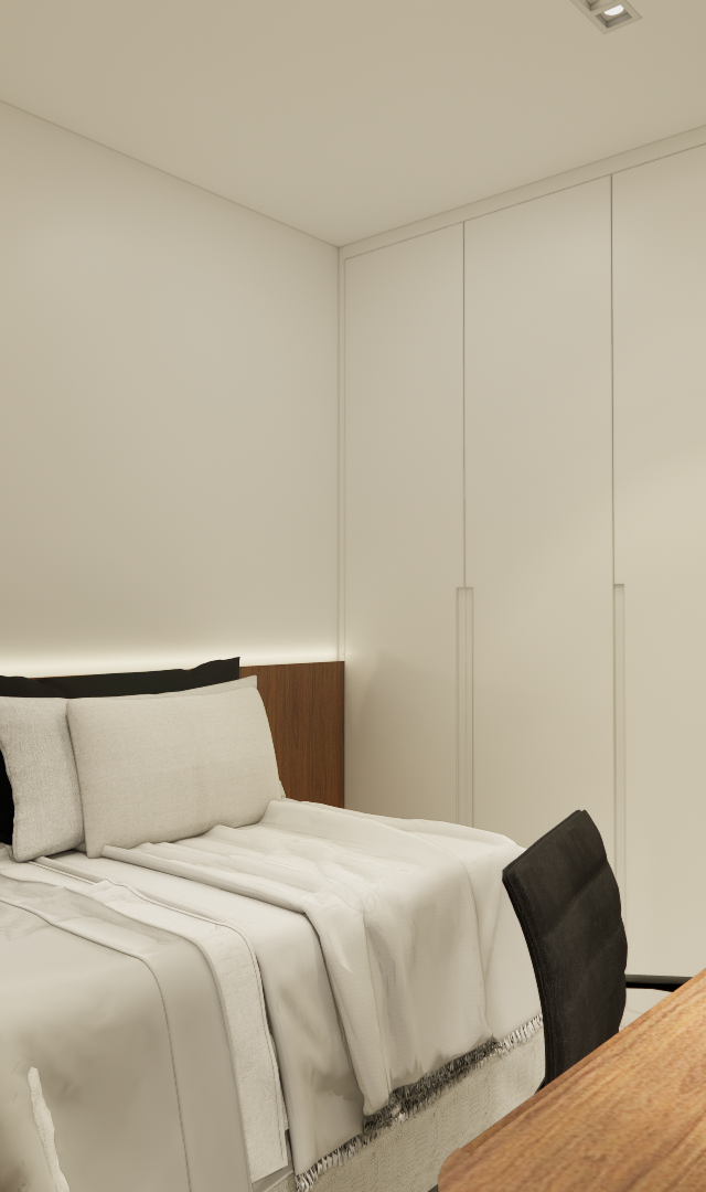 Render 3D de quarto pequeno com cama, armários brancos, mesa de madeira, luminária e quadro colorido sobre a cabeceira