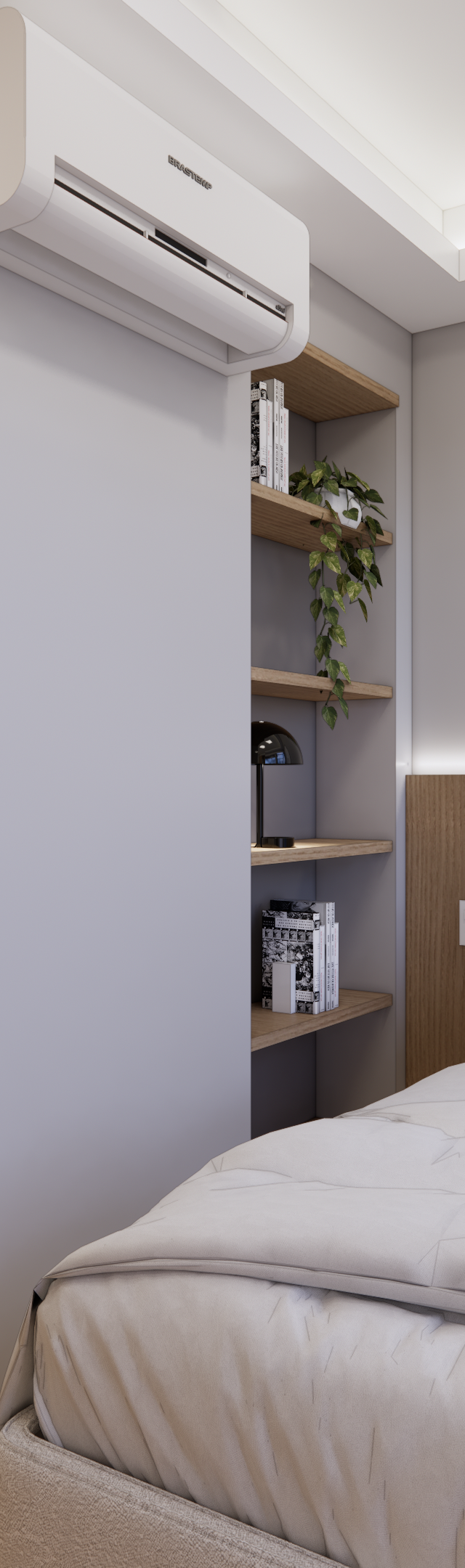 Render 3D de quarto moderno em Santo Amaro com cama, painel amadeirado, espelho oval, nichos e iluminação indireta clara