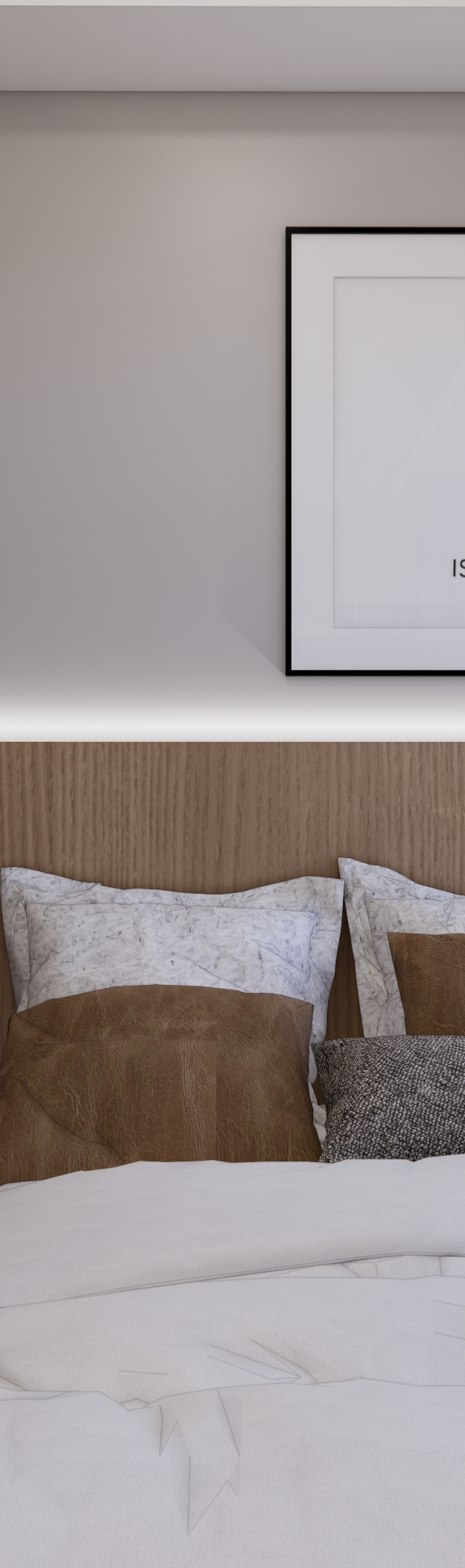 Render 3D de quarto pequeno com cabeceira amadeirada, prateleiras, cama com enxoval neutro e iluminação indireta quente