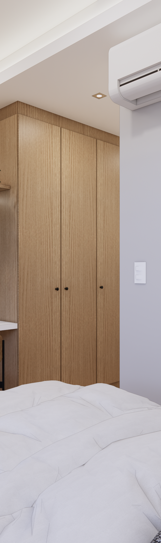 Render 3D de quarto com marcenaria em tons de madeira, bancada, estantes, cama com enxoval neutro e iluminação indireta