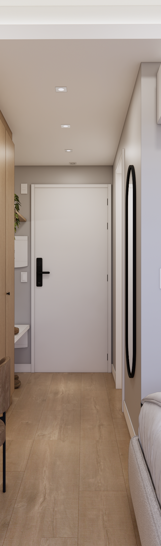 Render 3D de quarto moderno em tons neutros, marcenaria em madeira clara, bancada, prateleiras, cama e iluminação quente