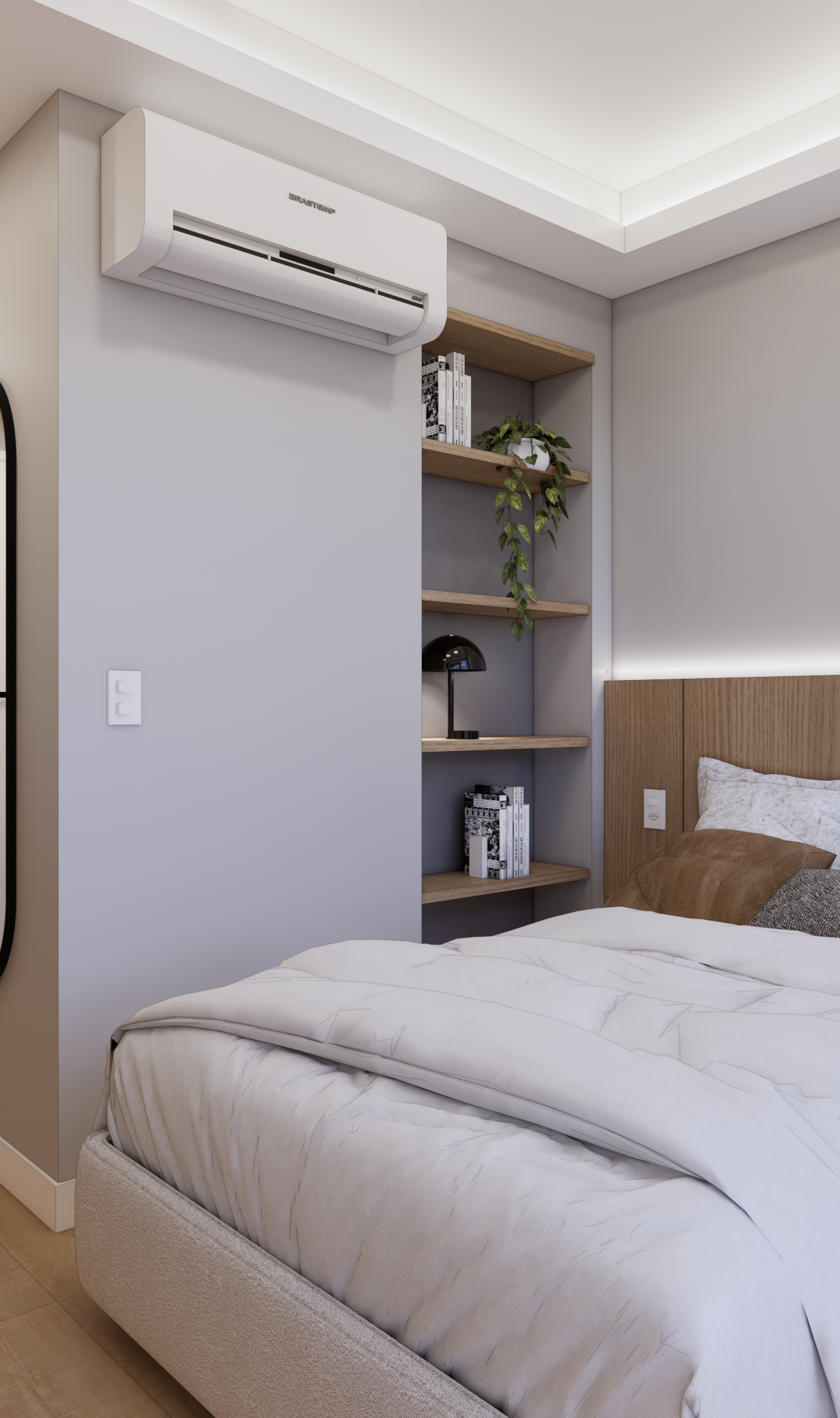 Render 3D de quarto moderno em tons neutros com cabeceira de madeira, iluminação indireta e decoração minimalista