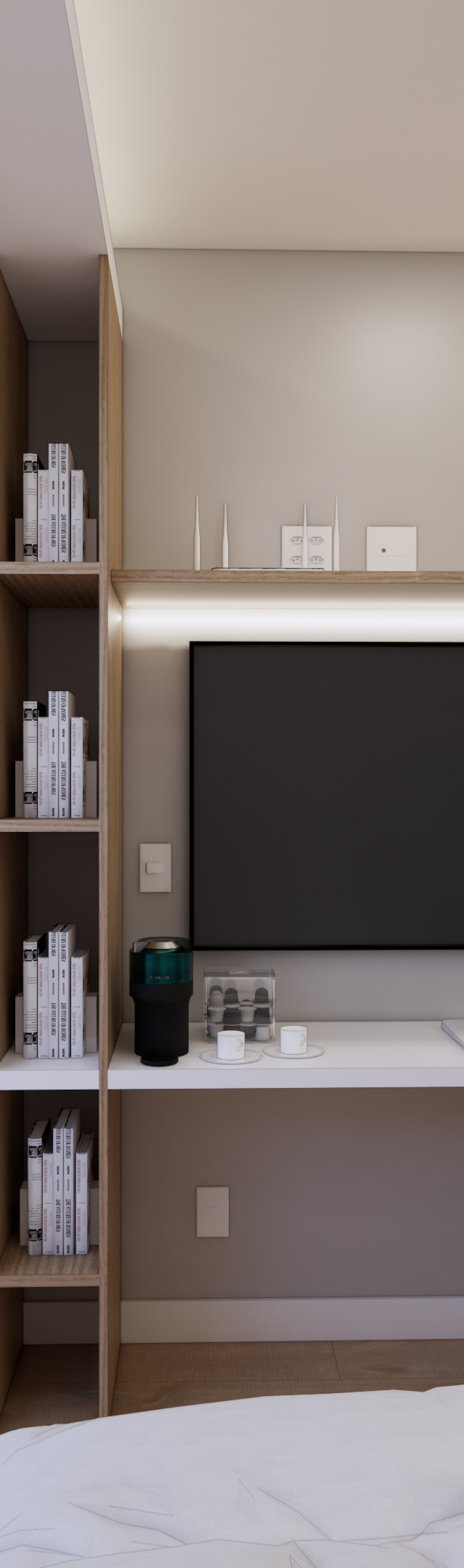 Render 3D de estúdio com marcenaria em madeira clara, bancada branca, TV, nichos e cozinha compacta iluminada de forma suave