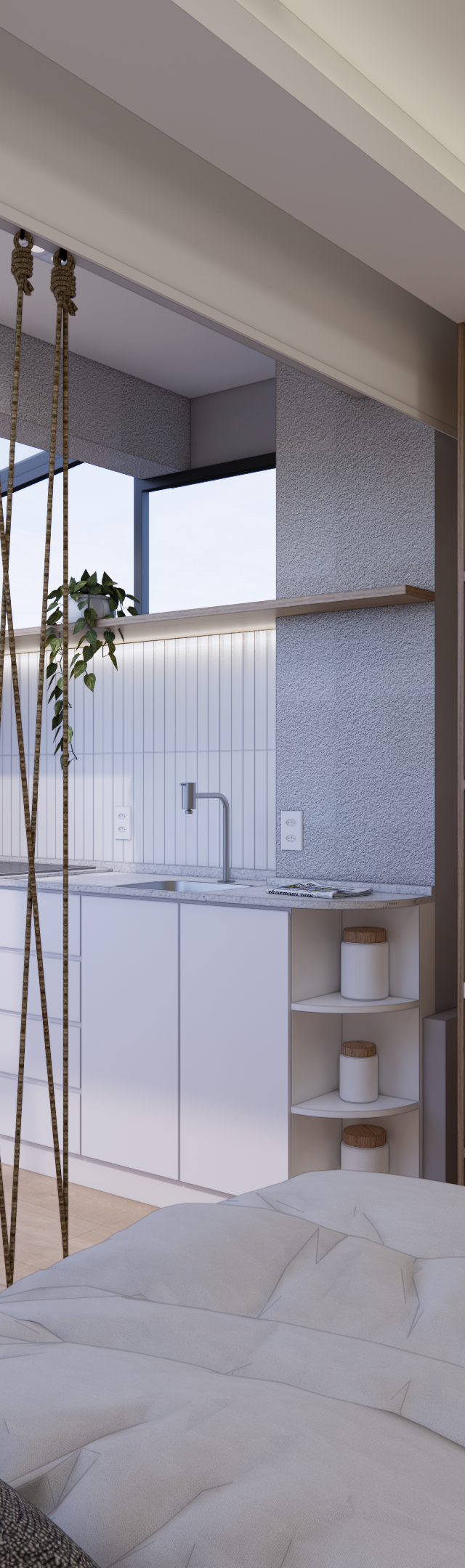 Render 3D de estúdio com marcenaria em tons de madeira e branco, TV, bancada, divisória de cordas e varanda integrada