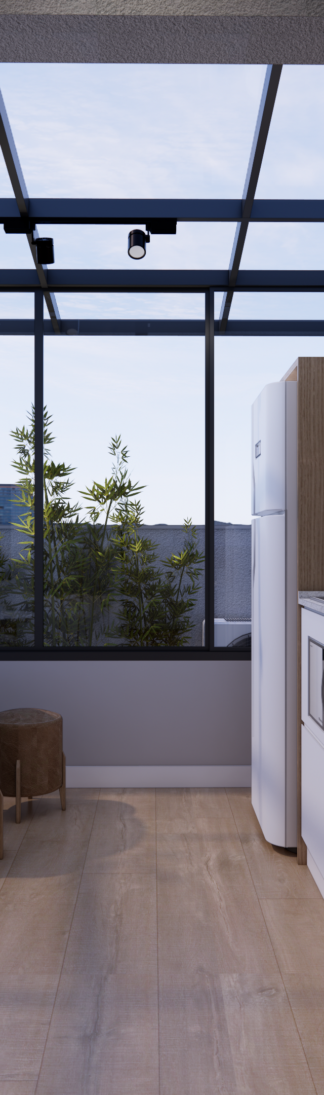 Render 3D de varanda gourmet com teto de vidro, cozinha integrada em tons claros, madeira e sofá em projeto em Santo Amaro