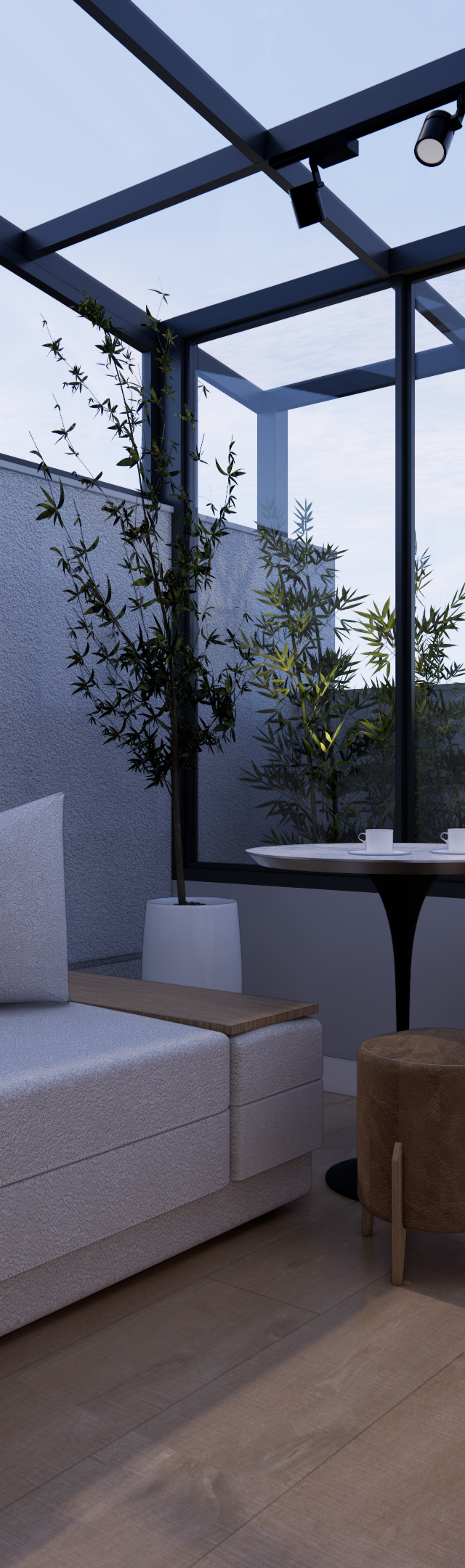 Render 3D de varanda gourmet com teto de vidro, sofá cinza, mesa lateral com banquetas e vegetação, tons neutros e amadeirados