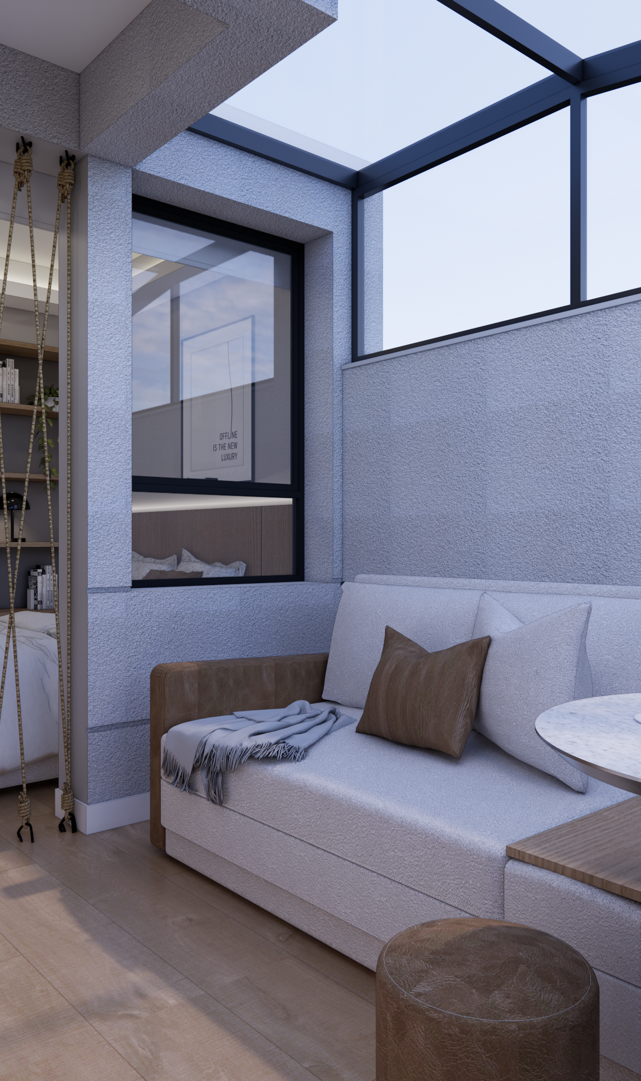 Render 3D de sala e quarto integrados com teto de vidro, sofá, mesa lateral, planta decorativa e divisória de cordas