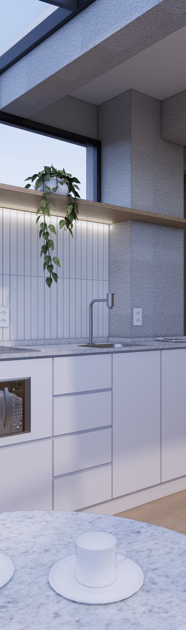 Render 3D de estúdio em Santo Amaro com cozinha branca, mesa redonda de pedra, marcenaria em madeira e iluminação clara