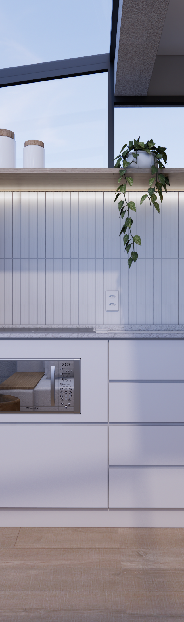 Render 3D de cozinha em varanda com teto de vidro, marcenaria em tons de branco e madeira, bancada clara e luz indireta