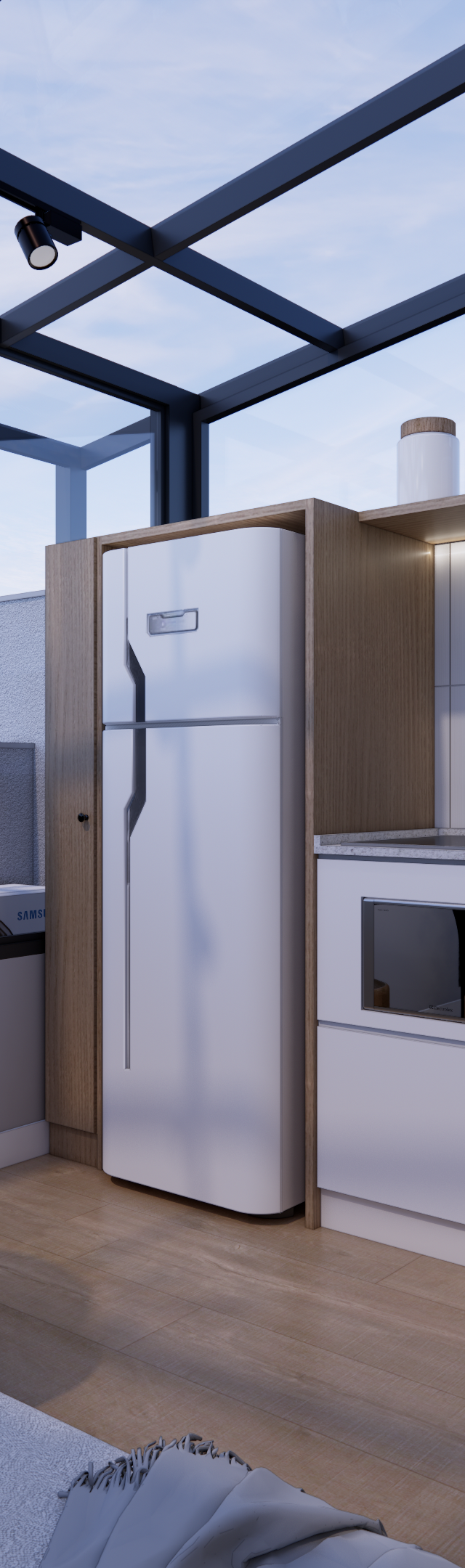 Render 3D de cozinha com teto de vidro, armários brancos, marcenaria em madeira clara, mesa redonda e sofá, luz natural