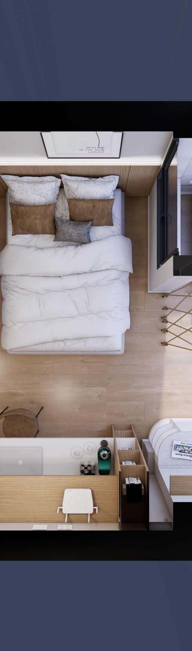 Planta baixa 3D de apartamento estúdio com marcenaria em madeira, tons neutros, área de descanso, cozinha e varanda verde
