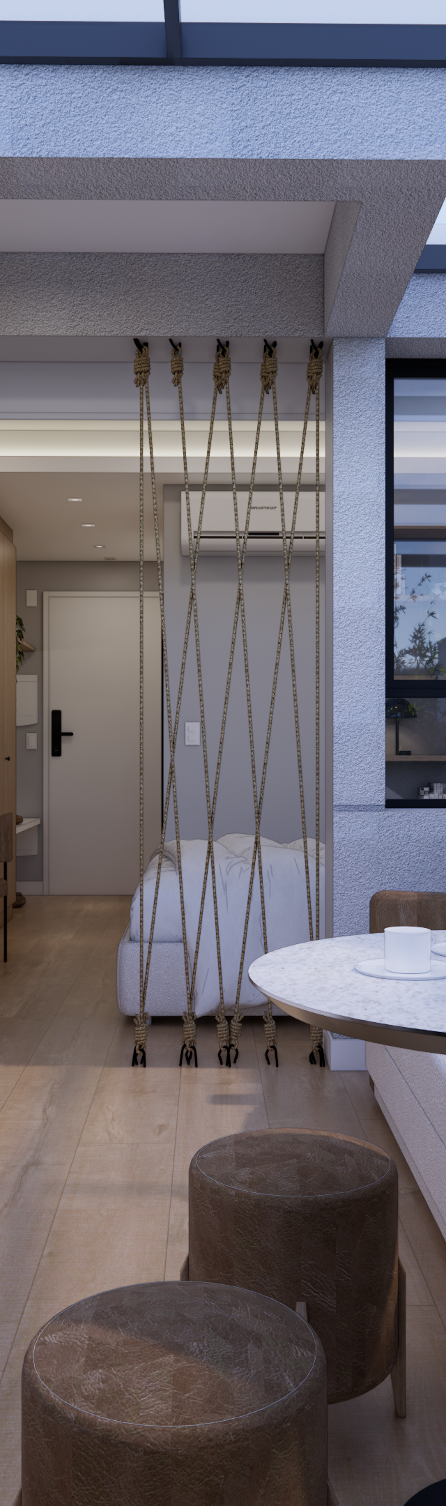 Render 3D de varanda gourmet em Santo Amaro com teto de vidro, móveis claros, madeira, plantas e iluminação natural