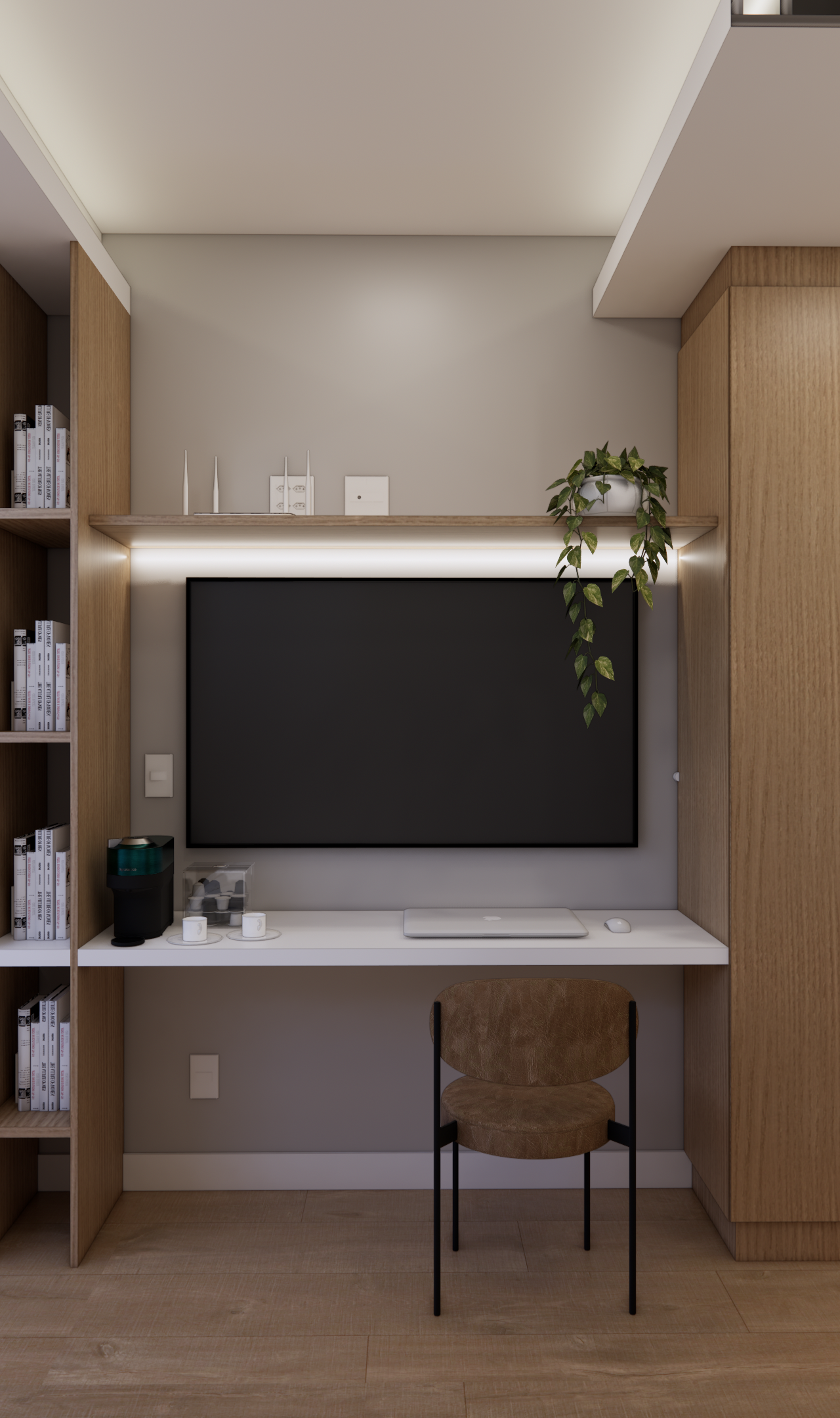 Render 3D de sala e cozinha integradas com marcenaria em tons de madeira clara, iluminação em LED e plantas pendentes