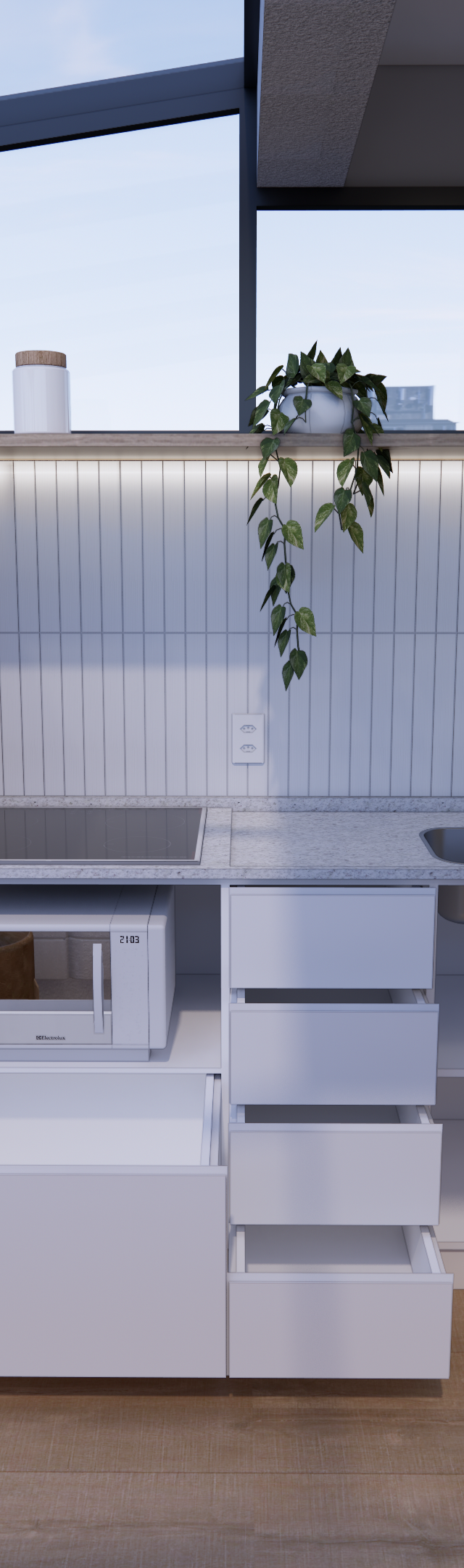 Render 3D de cozinha compacta em Santo Amaro com marcenaria branca, bancada em granito, tons amadeirados e luz indireta