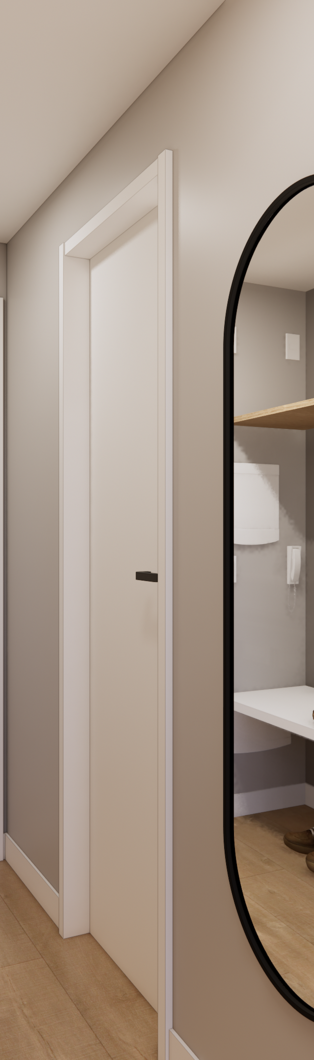Render 3D de hall de entrada no LA VIDA com espelho orgânico preto, marcenaria em tons neutros, madeira e iluminação LED