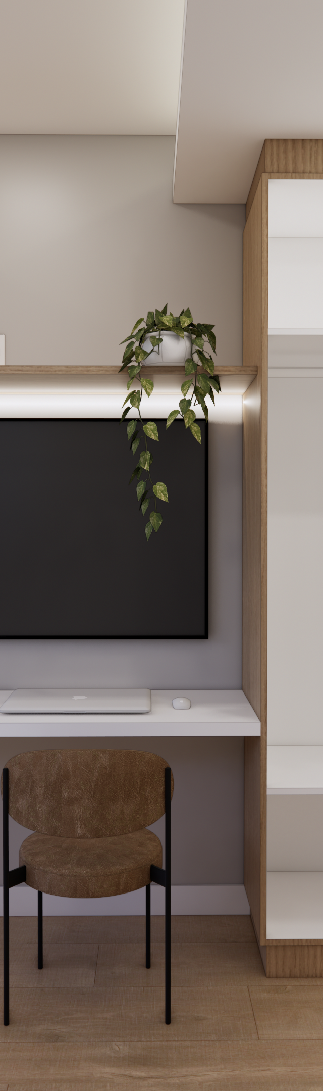 Render 3D de estúdio com marcenaria em tons de madeira e branco, escrivaninha, armário aberto, TV e iluminação em LED