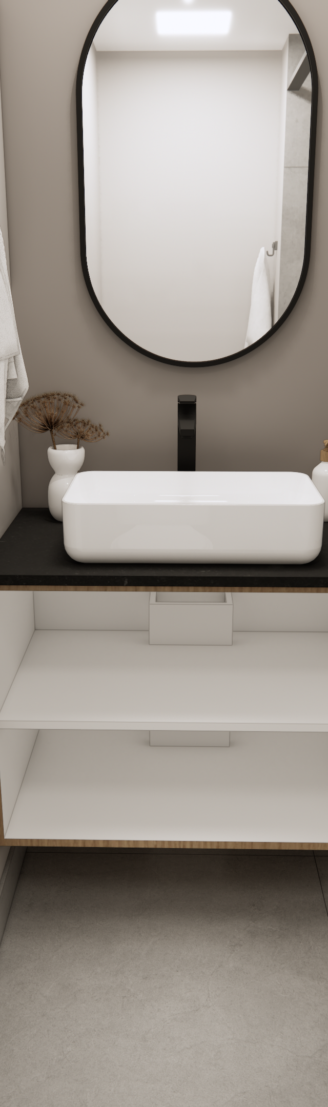 Render 3D de banheiro moderno FB La Vida com bancada preta, cuba branca, metais pretos, espelho oval e tons neutros