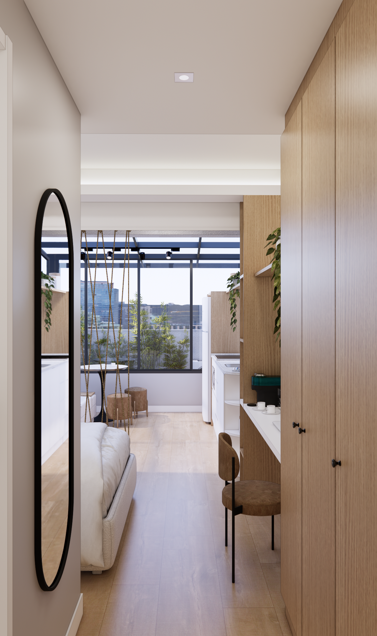 Render 3D de corredor em apartamento no FB LA VIDA com marcenaria em madeira, espelho oval, iluminação suave e plantas